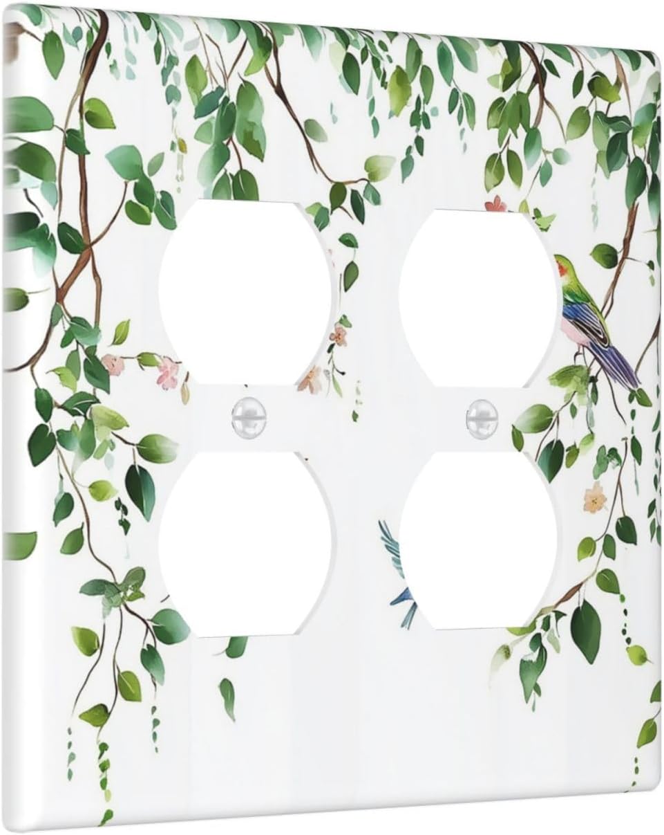 Outlet Covers Green Leaves Bird Eucalyptus Sage Plant 2 Gang Double Duplex Decorative Light Switch Covers Electrical Wallplates Socket Faceplate For Bed Room Living Room Decor
