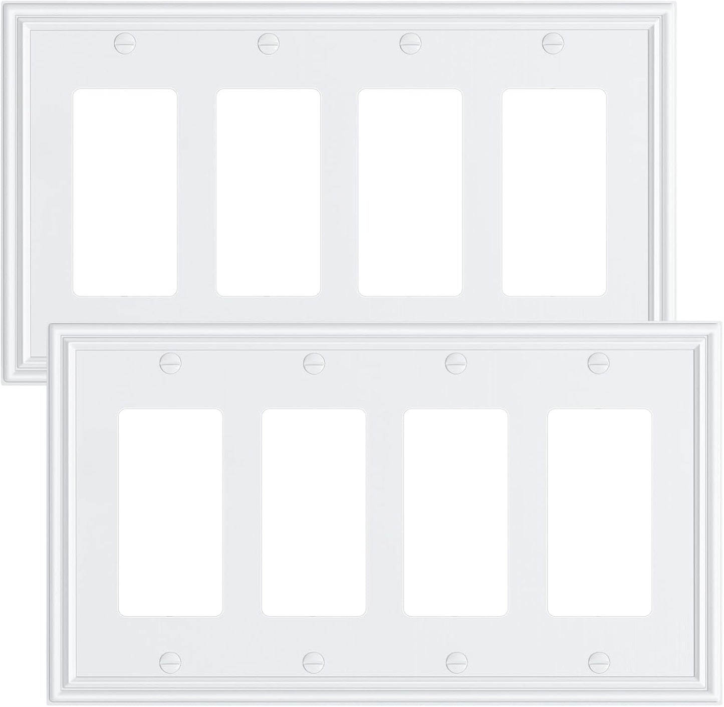 2-Pack Quad Decorator Outlet Cover Plate, Zinc Alloy Decorative Pure White Switch Plates and Outlet Covers, 4 Gang Wall Plates for Electrical Outlets, Receptacle, GFCI Outlet, Dimmer Switch