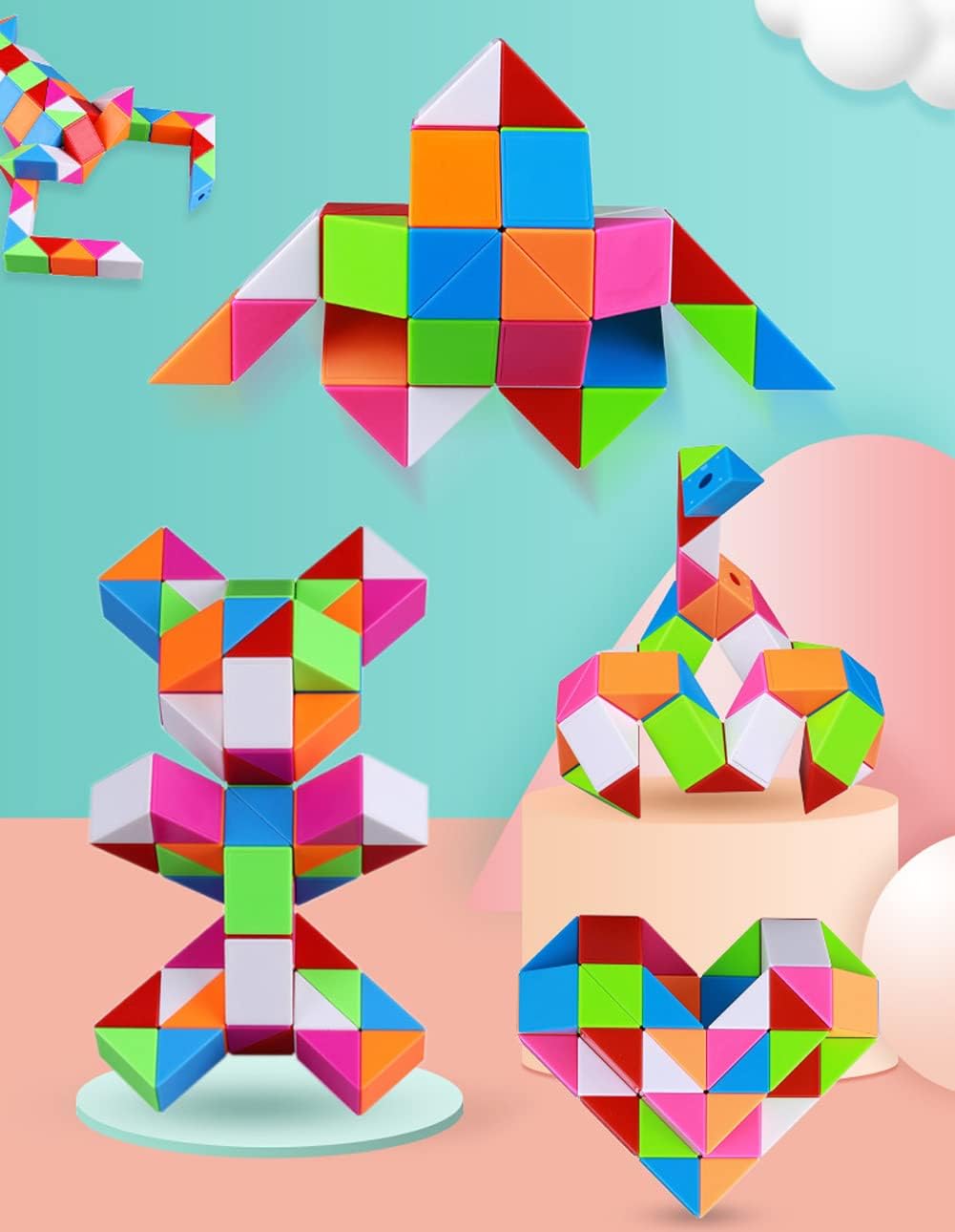 Fidget Magic Snake Cube Puzzles Twist Ruler Speed Cubes Brain Teaser Game Toys for Kids (60 BLOCK 1PACK)