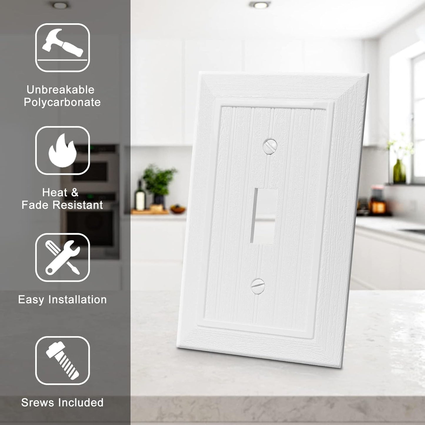 Modern Decorative Wall Plate Switch Plate Outlet Cover, Vintage Retro Wood Grain Design(Single Toggle-10 Pack, White)