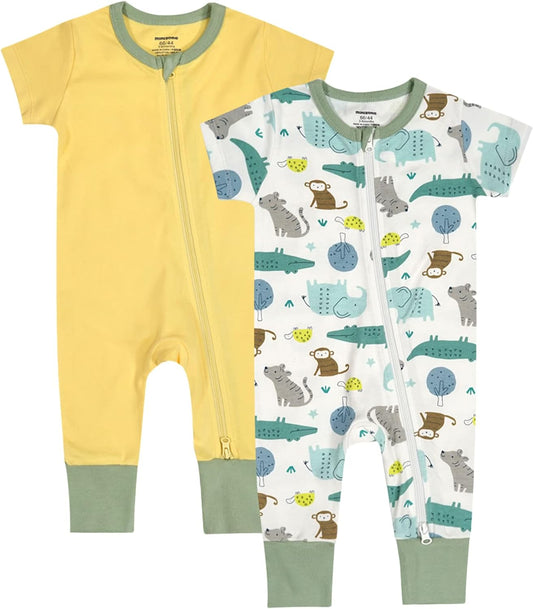 Teach Leanbh Baby Boys Girls 2 Pack 2 Way Zipper Footless Pajamas Cotton Short Sleeve Printing Romper Sleep and Play