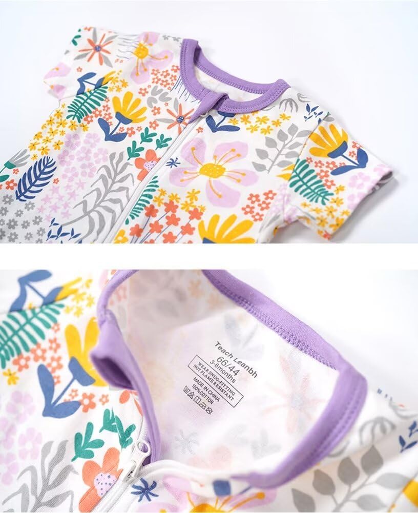 Teach Leanbh Toddler Baby Boys Girls Footless Pajamas Cotton 2 Way Zipper Printing Short Sleeve Romper Sleep and Play