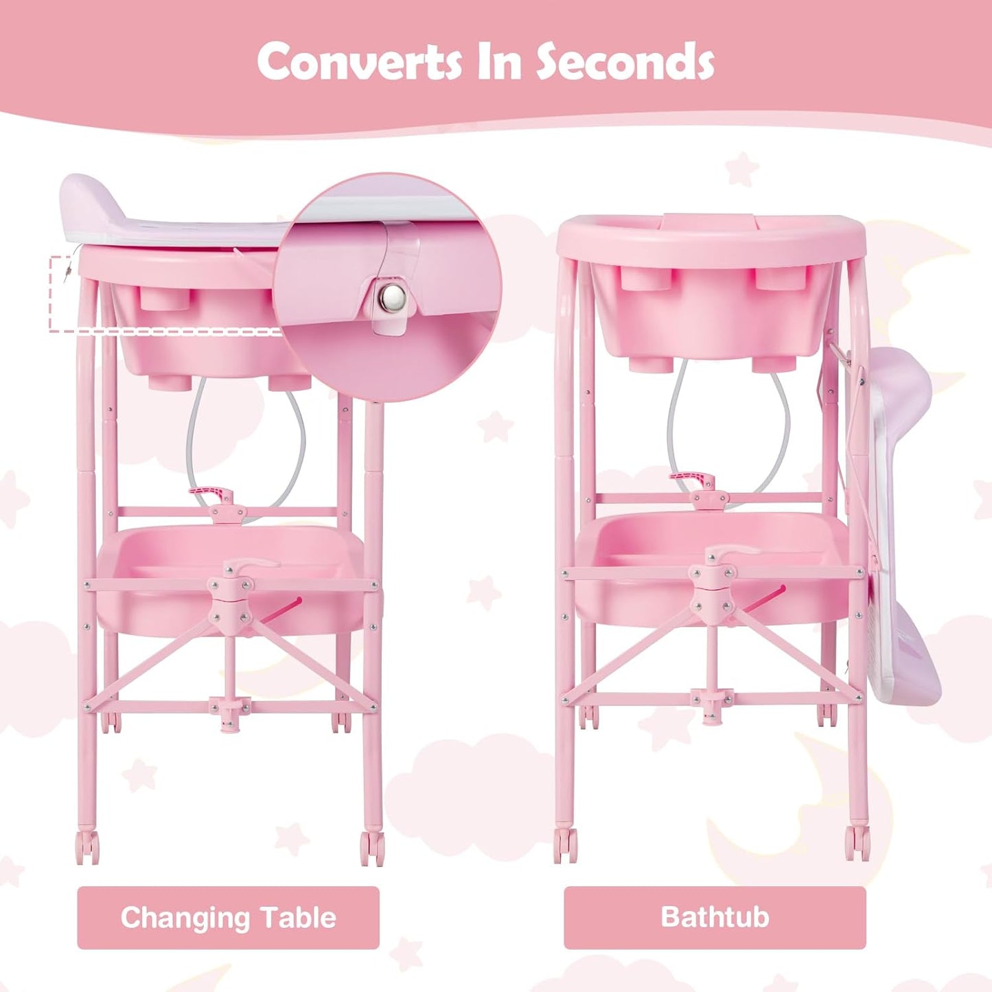 HONEY JOY Baby Changing Table with Bathtub, Foldable Infant Diaper Changing Station with Wheels, Storage Tray, Waterproof Pad, Portable Newborn Nursery Organizer Bath Stand for Boys Girls (Pink)