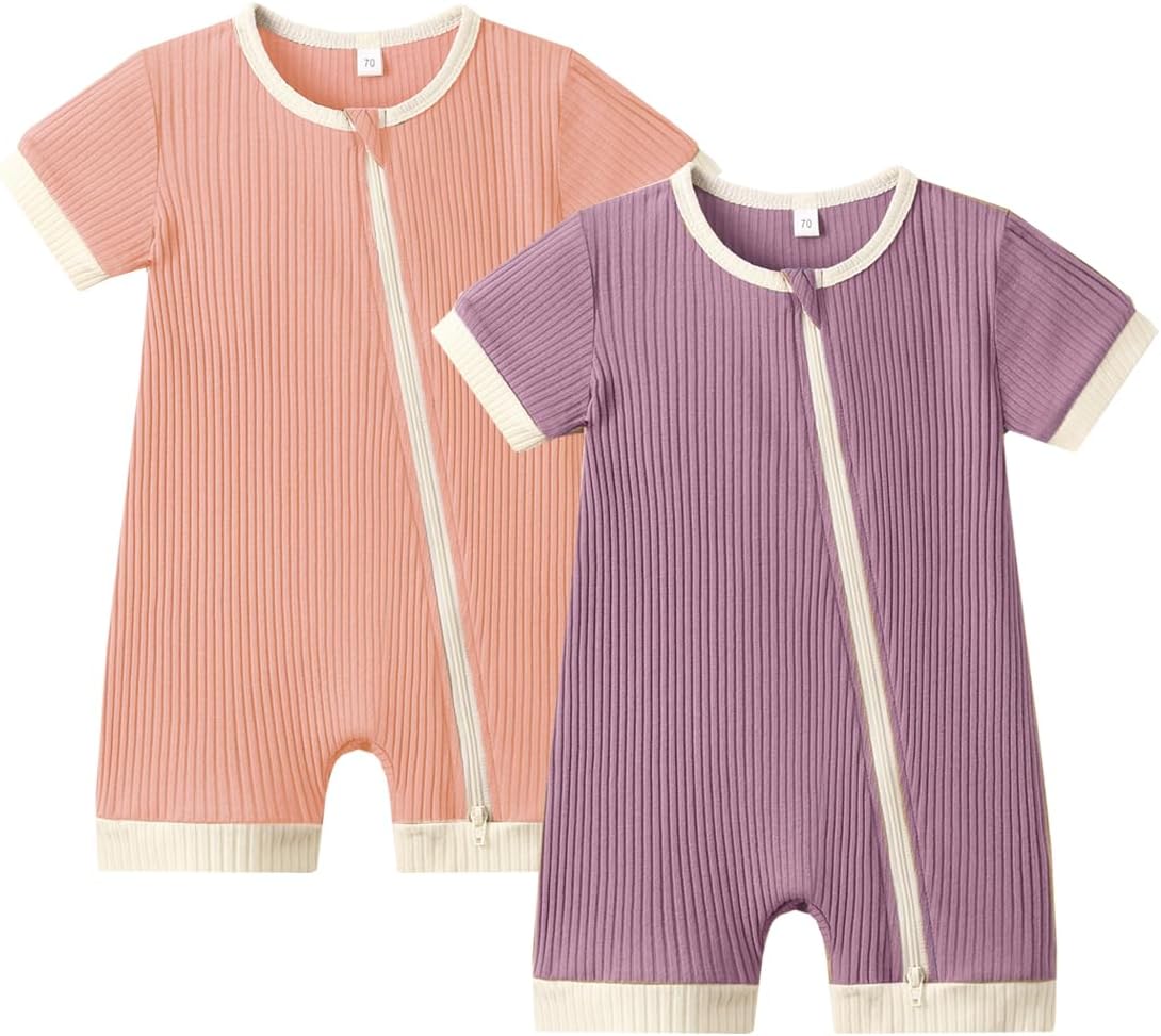 Bafeicao Unisex Baby Boy Girl 2 Pack Rompers Short Sleeve 2 Way Zipper One Piece Jumpsuits Clothes Sets