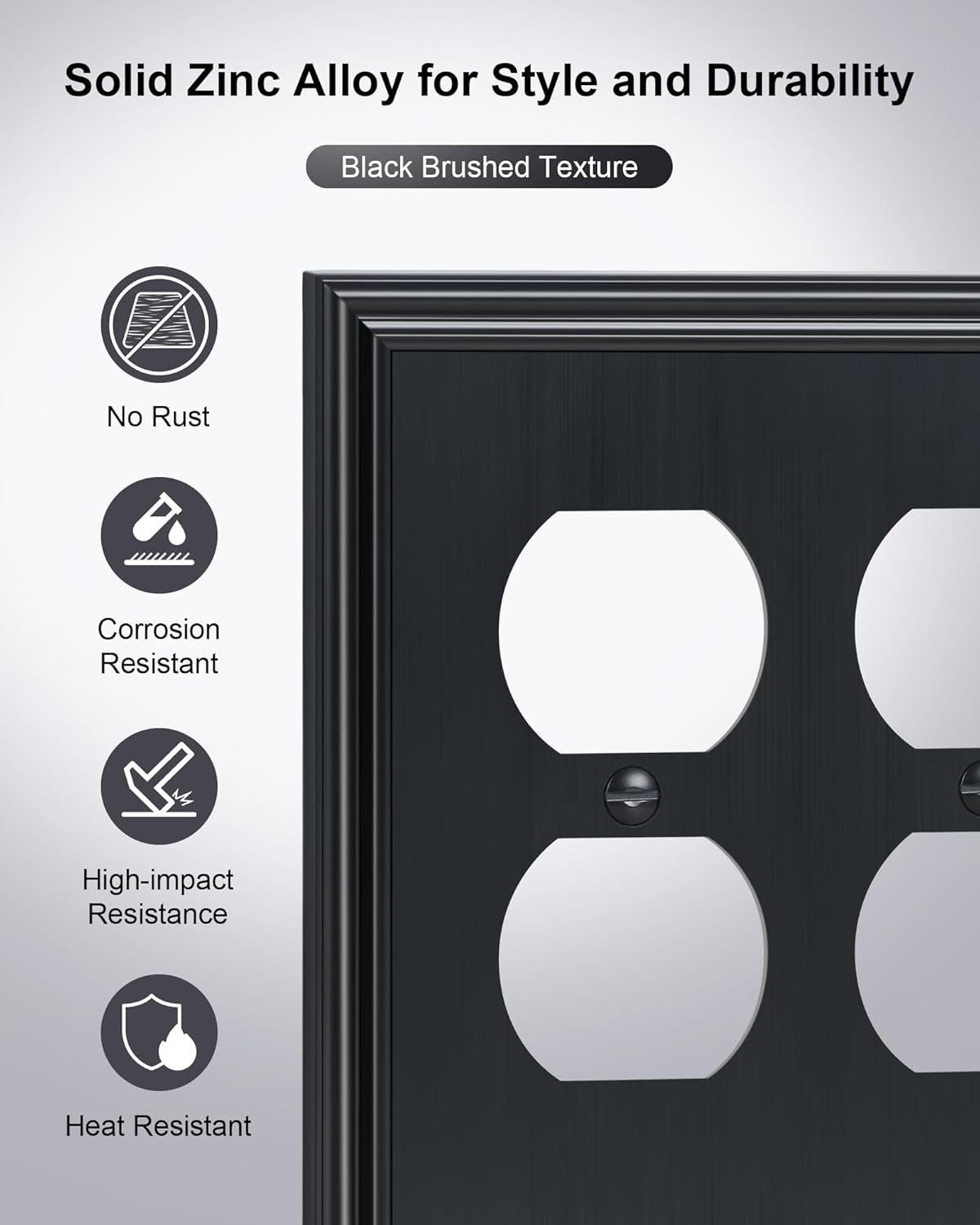 2-Pack Double Duplex Outlet Cover, Black Decorative Switch Plates and Outlet Covers for Electrical Outlets, Durable Zinc Alloy Wall Plates, 2 Gang Receptacle Cover, Corrosion Resistant