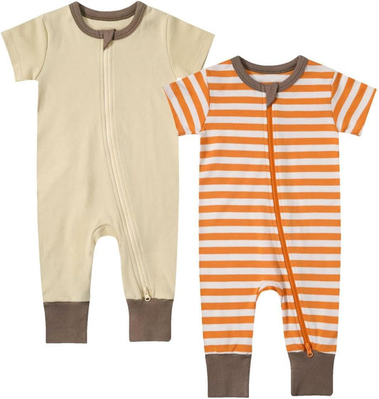 Teach Leanbh Toddler Baby Boys Girls 2-Pack Pajamas Cotton 2 Way Zipper Short Sleeve Footless Romper Sleep and Play