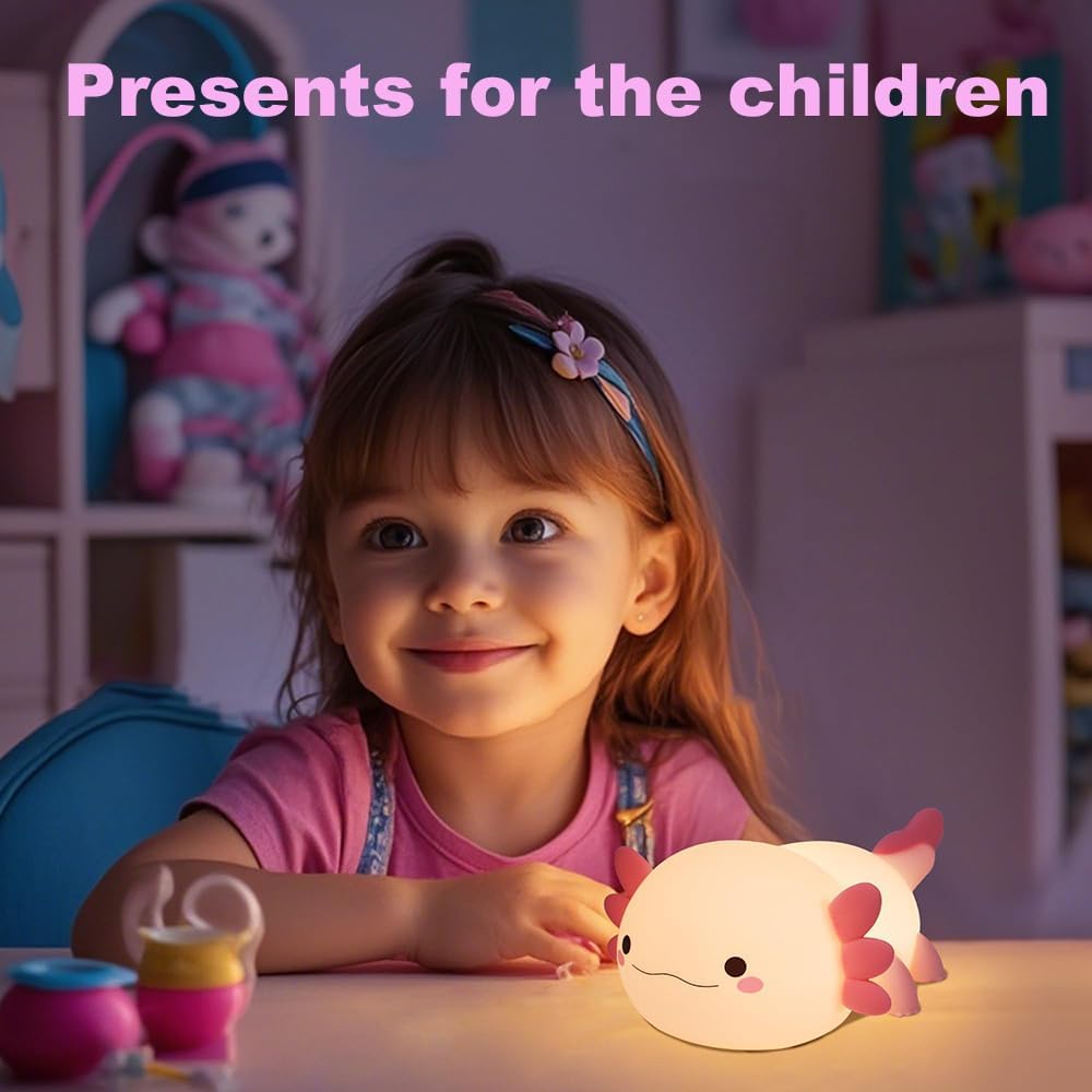 Cute Axolotl Night Light for Kids Bedroom, Animal Silicone Nursery Night Lamp Touch Control Nightlights USB Rechargeable Bedside Lamp for Baby Children Toddlers Girls Gift (pink Axolotl 1)