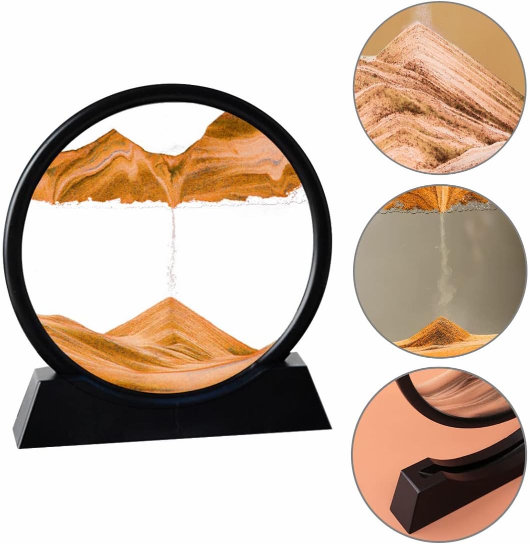 Moving Sand Art Picture,Liquid Motion 3D Sea Sandscape in Motion Display, Flowing Sand Frame Desktop Art Bookshelves Home Office Decoration (12 inch, Orange)