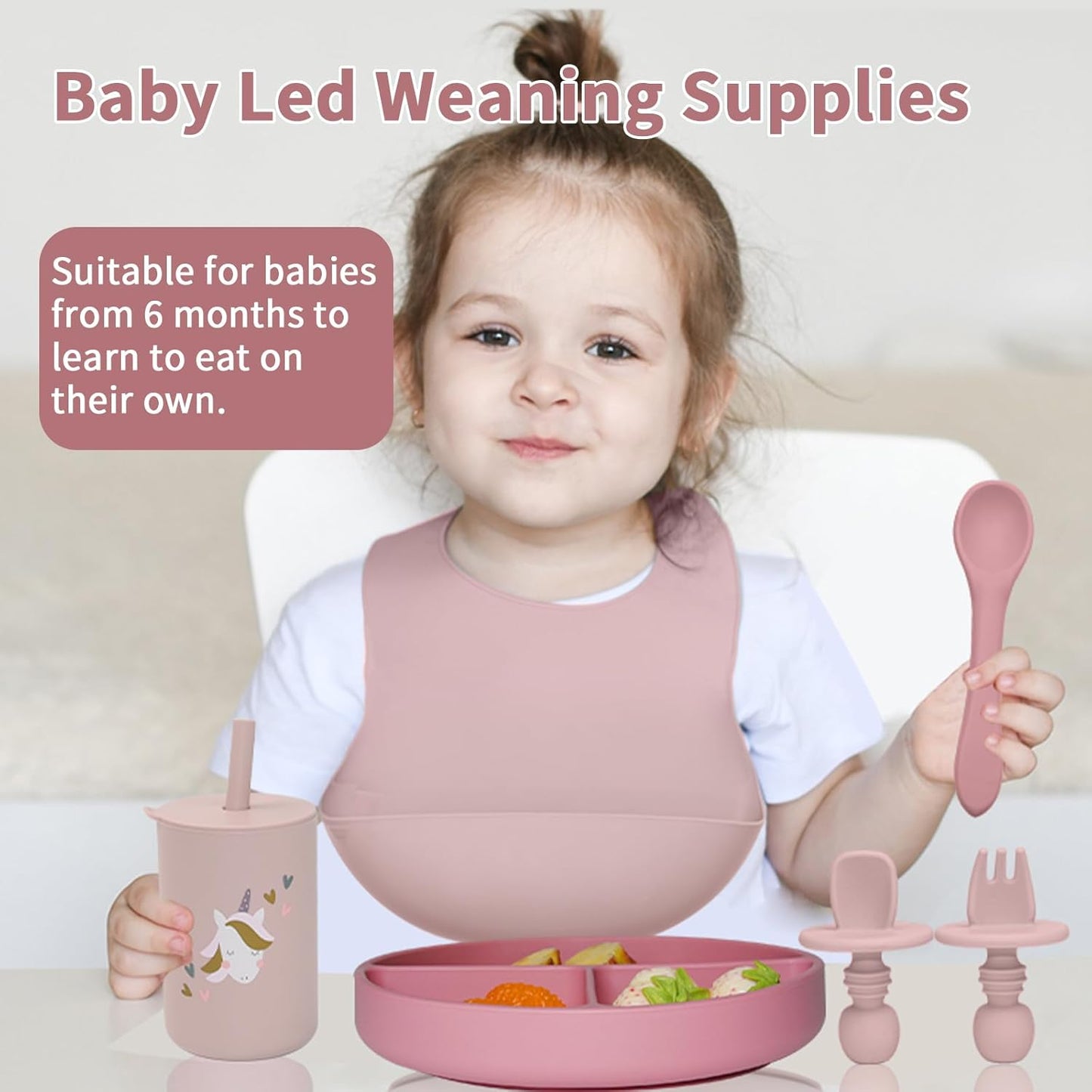 Silicone Baby Feeding Set, Baby Led Weaning Supplies, Baby Spoons Suction Divided Plate Bib Cup, First Stage Solid Food Eating Utensils - 6+ Months(Pink-Red)