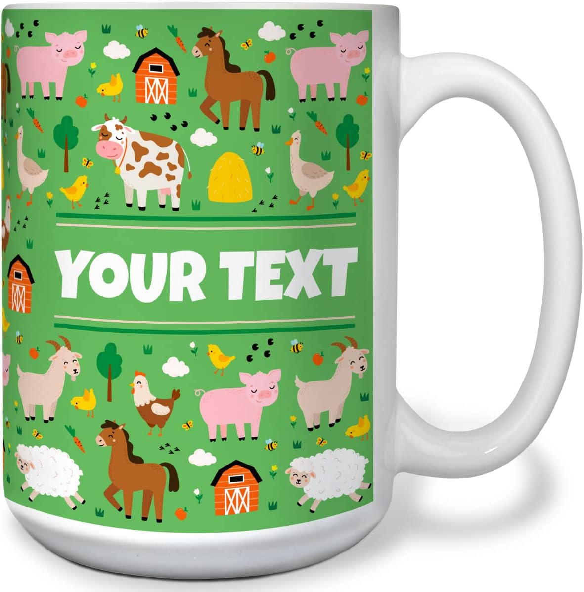 Personalized Mug for Kids - Farm Animals - Custom Name/Text, Ceramic Hot Chocolate/Cocoa/Coffee Cup for Boys/Girls, Birthday/Christmas/Holiday Gift - 15 oz, White Handle