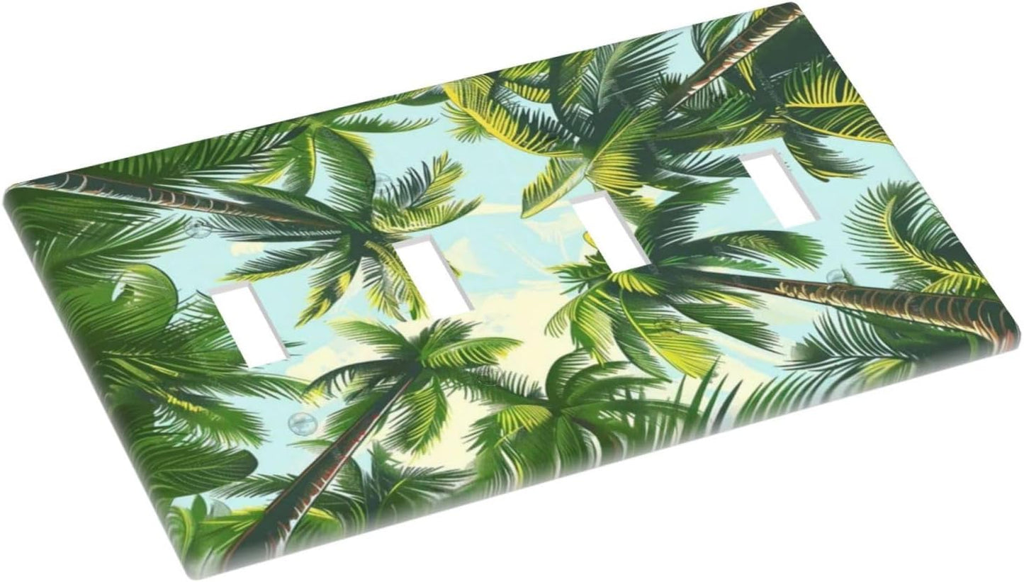 Summer Sky Coconut Palms Trees Green Plants Leaf Light Switch Covers Quad Toggle Electrical Faceplate 4 Gang Wall Plate Decorative Switch Plates for Bed Room Living Room Decor