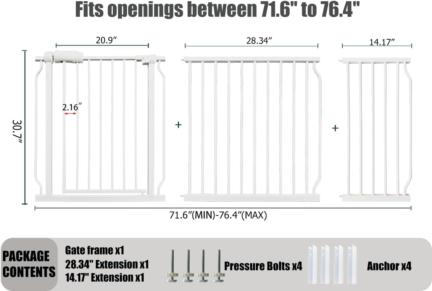 Extra Wide Baby Gates - 71.6-76.4 Inch, Heavy Duty Baby & Pet Safety Gate, White Metal, Tension Mounted Child & Pet Gates for Stairs & Doorways