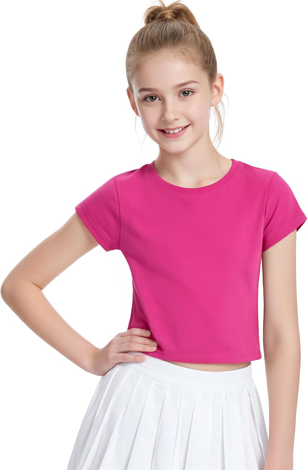 Auranso Girls Crop Tops Summer Short Sleeve Round Neck T Shirts Basic Tee for Kids