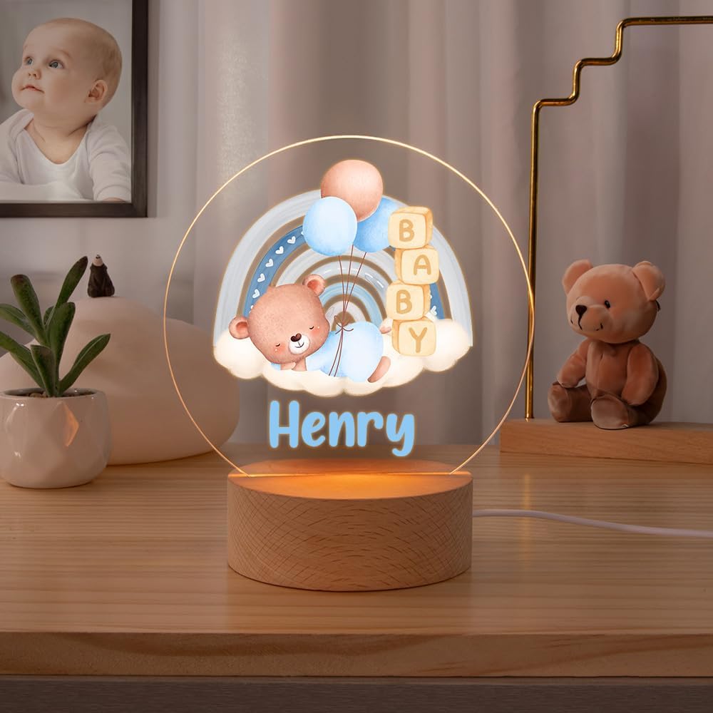callie Acrylic Night Light Name Plate Personalized, Custom Cute Sleep Bear with Wooden Base Bedroom Decor, Birthday Gifts Christmas Gifts for Family (Cute Bear)