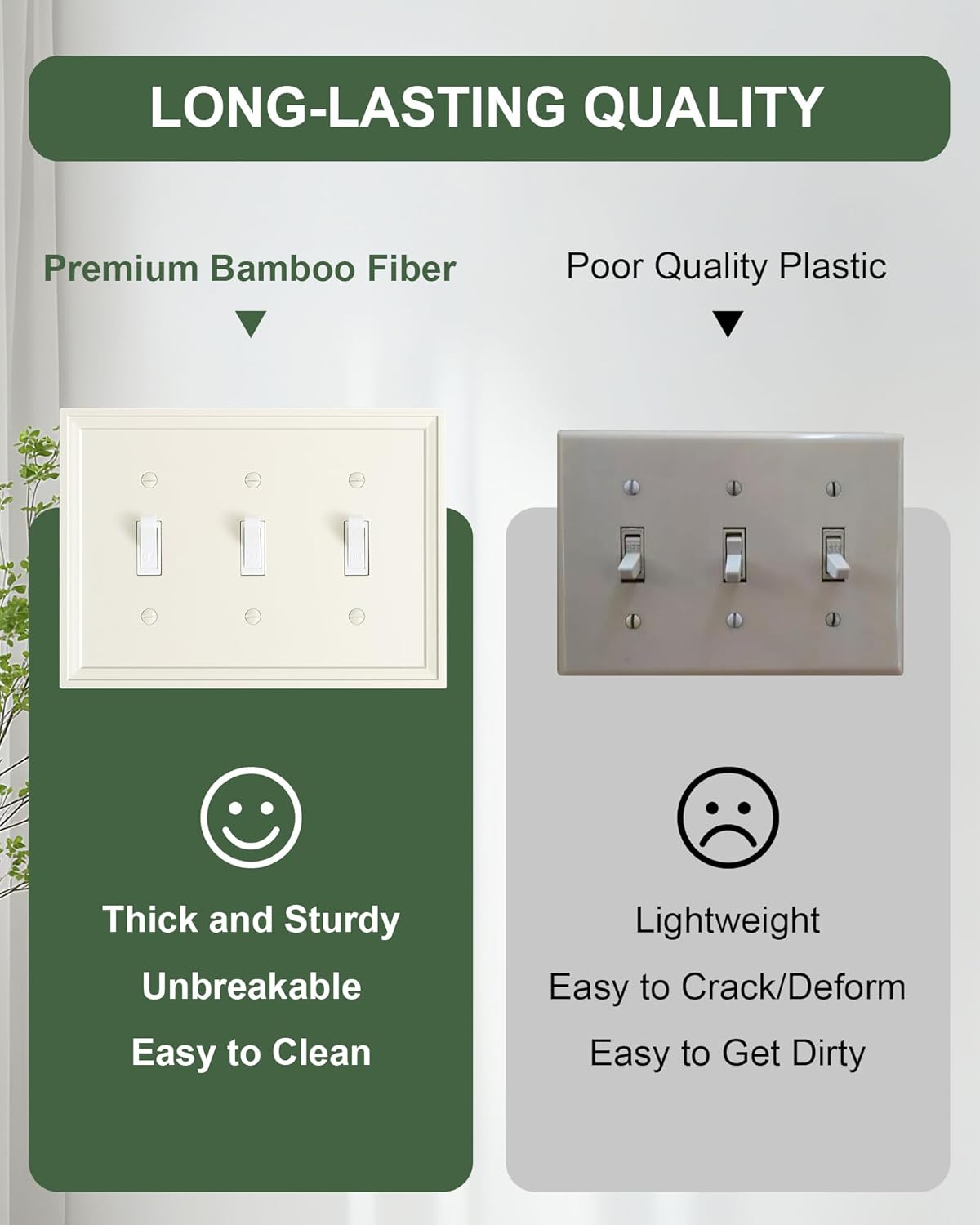 2-Pack Triple Toggle Light Switch Cover Plate, Light Almond Decorative Switch Plate Covers, Natural Bamboo Fiber 3 Gang Wall Plate, Corrosion Resistant