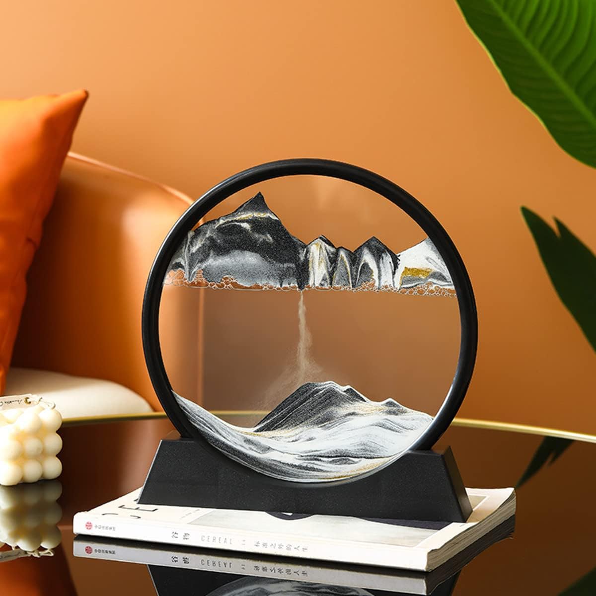 Moving Sand Art Picture in Motion Round Glass 3D Deep Sea Landscape, Dynamic Sand Art Sandscapes, Sensory Relaxing Desktop Table Decor Desk Decor Art Desk (7 inch, Black)