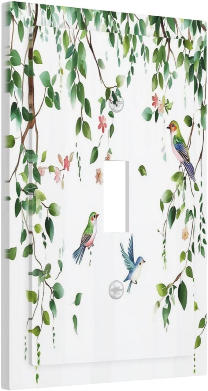 Decorative Light Switch Cover Green Leaves Bird Eucalyptus Sage Plant 1 Gang Single Toggle Device Electrical Faceplate Switchplates Decorator Outlet Wall Plate For Bed Room Living Room