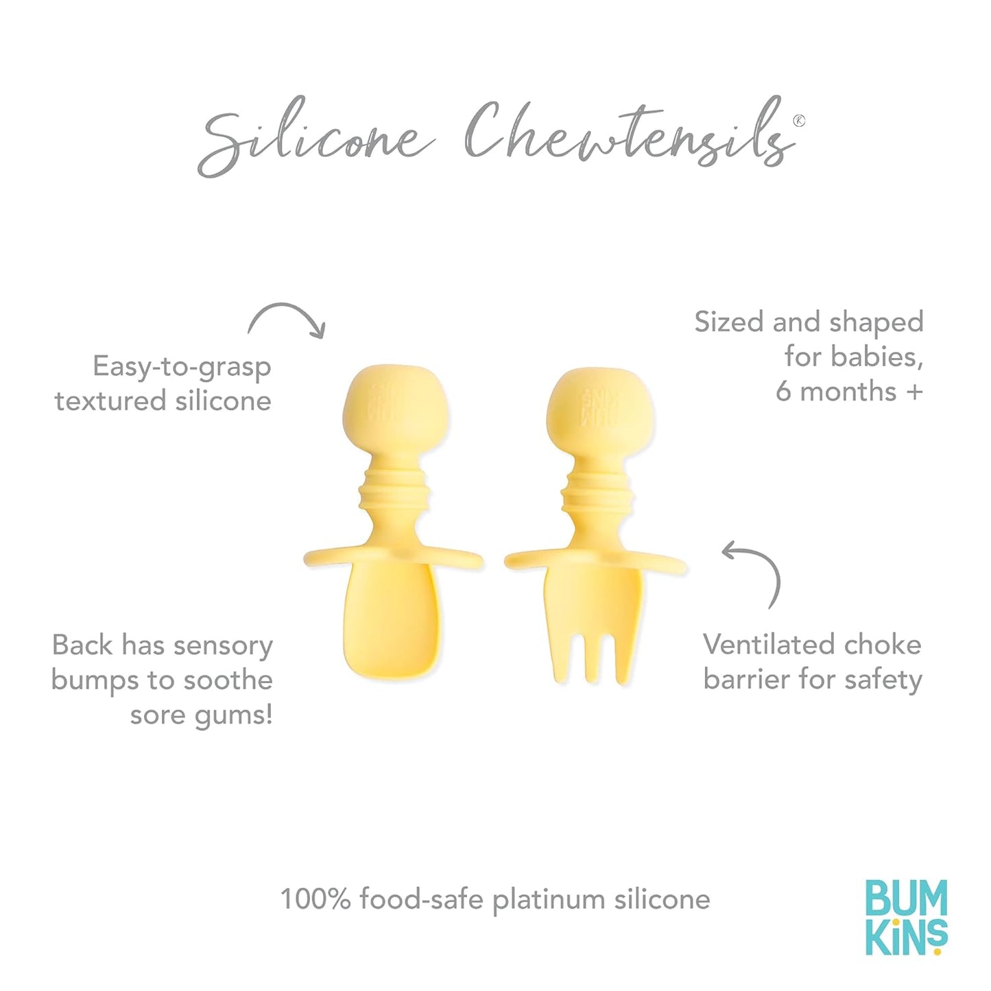 Bumkins Baby Utensils Set, Chewtensils Silicone Spoons for Dipping, Self-Feeding, Baby Led Weaning, Trainer Learning, First Stage Eating, Soft Practice Fork and Spoon, Babies 6 Months, Pineapple