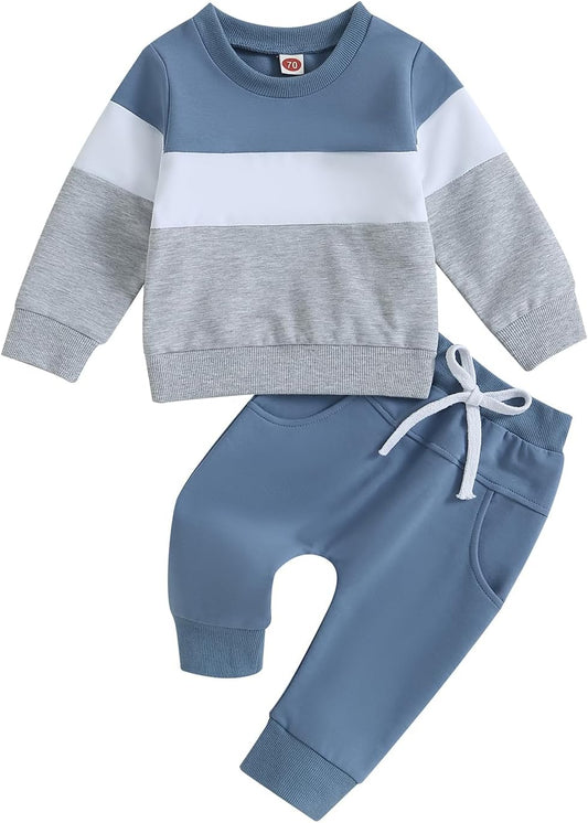 Kupretty Toddler Baby Boy Fall Winter Clothes Color Block Long Sleeve Sweatshirt Pullover Tops + Joggers Pants Outfit Set