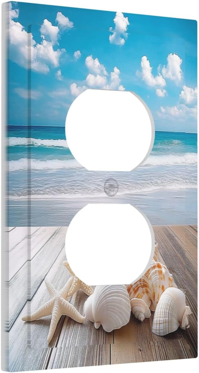 Outlet Covers Beach Waves Brown Wood Starfish Shells 1 Gang Duplex Light Switch Cover Decorative Switch Plates Electrical Receptacle Faceplate Wall Plate For Bathroom Living Room