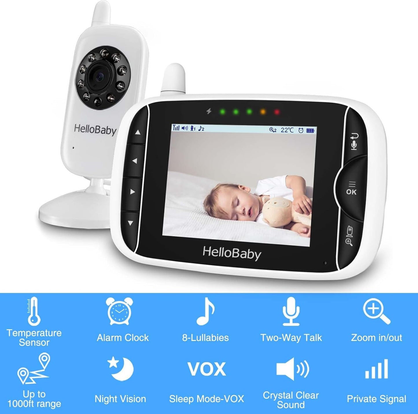 Video Baby Monitor with Camera and Audio, 3.2Inch LCD Display, Infrared Night Vision, Two-Way Audio and Room Temperature Monitoring,Lullaby,Sound Activated Screen