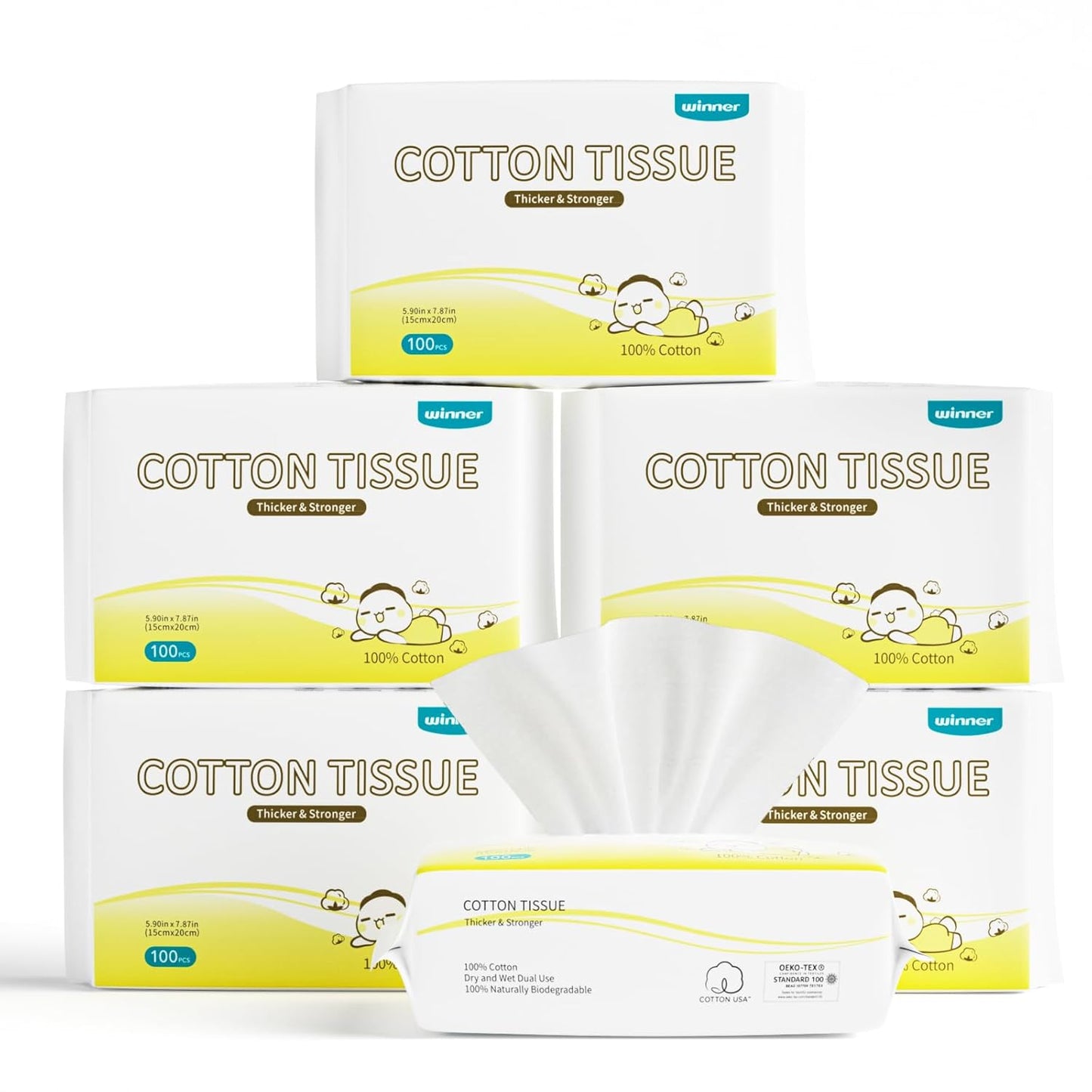 Winner 100% Cotton Dry Wipes, USDA Certified Baby Wipes, 600 Count, Soft & Gentle, Hypoallergenic & Unscented for Baby Sensitive Skin, Use Wet/Dry for Diaper Changes, Meals & Cleanup, Pack of 6