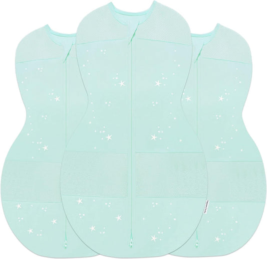 Happiest Baby Sleepea 5-Second Swaddle - 100% Organic Cotton Baby Swaddle Blanket - Doctor Designed Promotes Healthy Hip Development - 3-Pack Newborn Bundle (Teal Stars, 2 x Small, 1 x Medium)