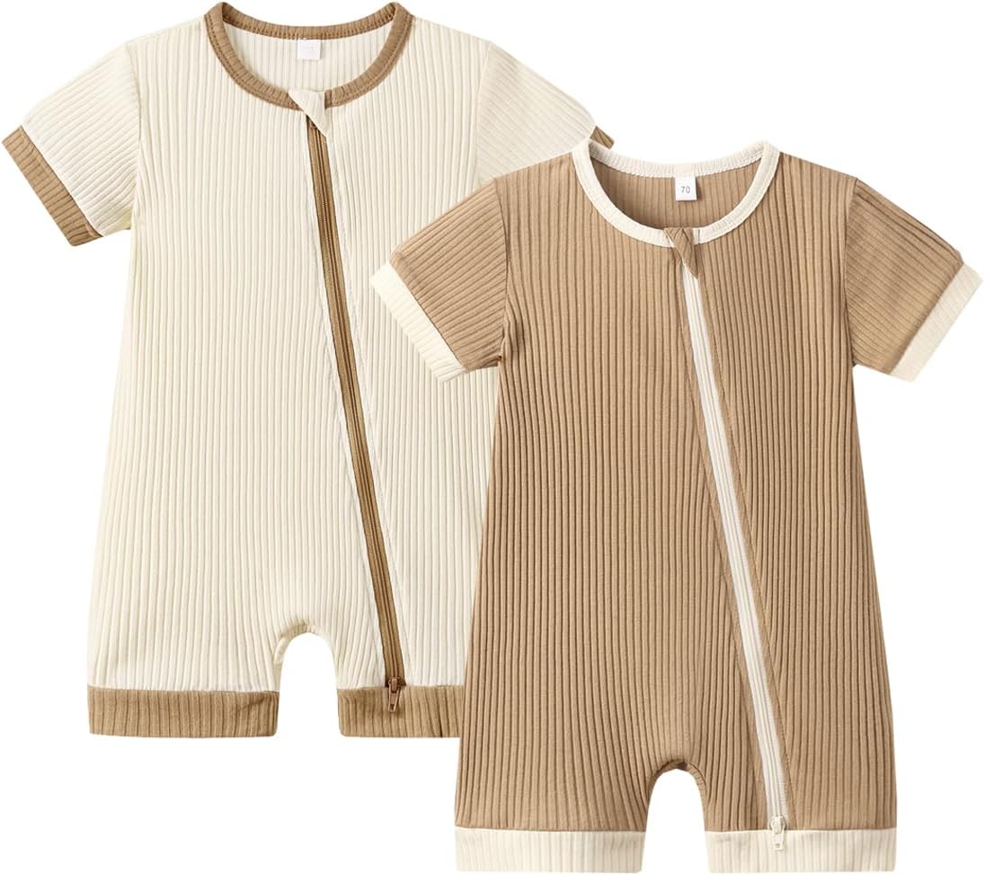 Bafeicao Unisex Baby Boy Girl 2 Pack Rompers Short Sleeve 2 Way Zipper One Piece Jumpsuits Clothes Sets