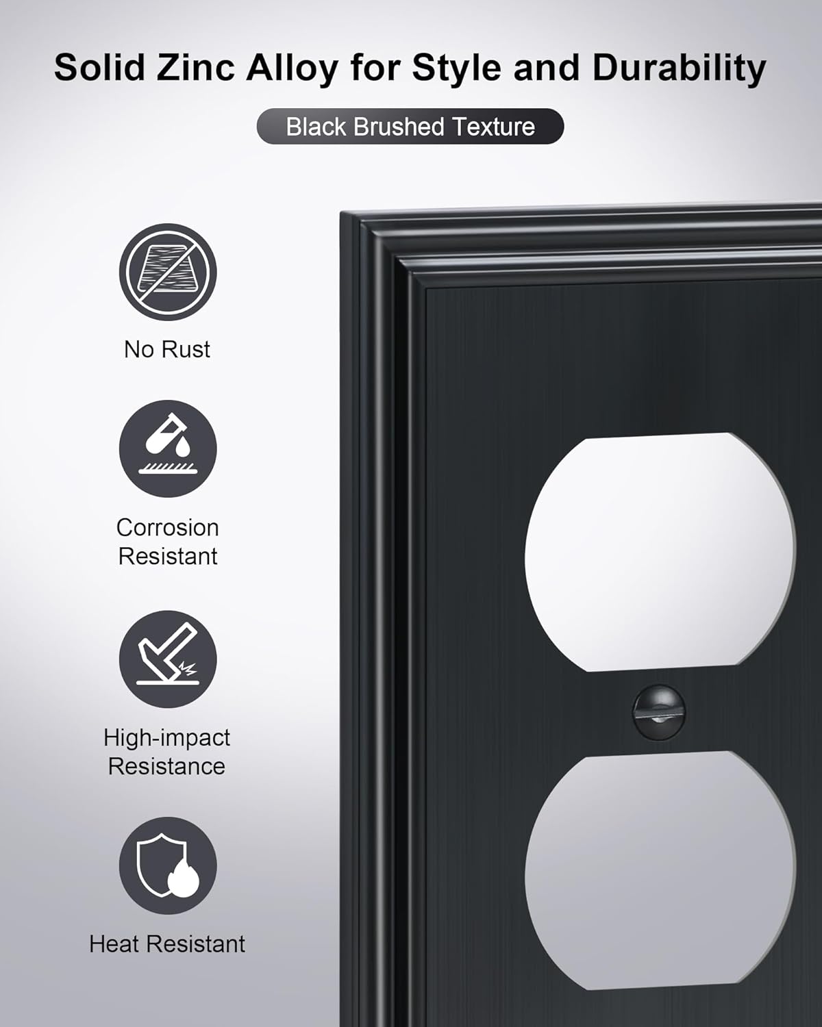 2-Pack Single Duplex Outlet Cover Plate, Decorative Black Switch Plates and Outlet Covers, Metal Wall Plates for Electrical Outlets, 1 Gang Receptacle Cover, Corrosion Resistant