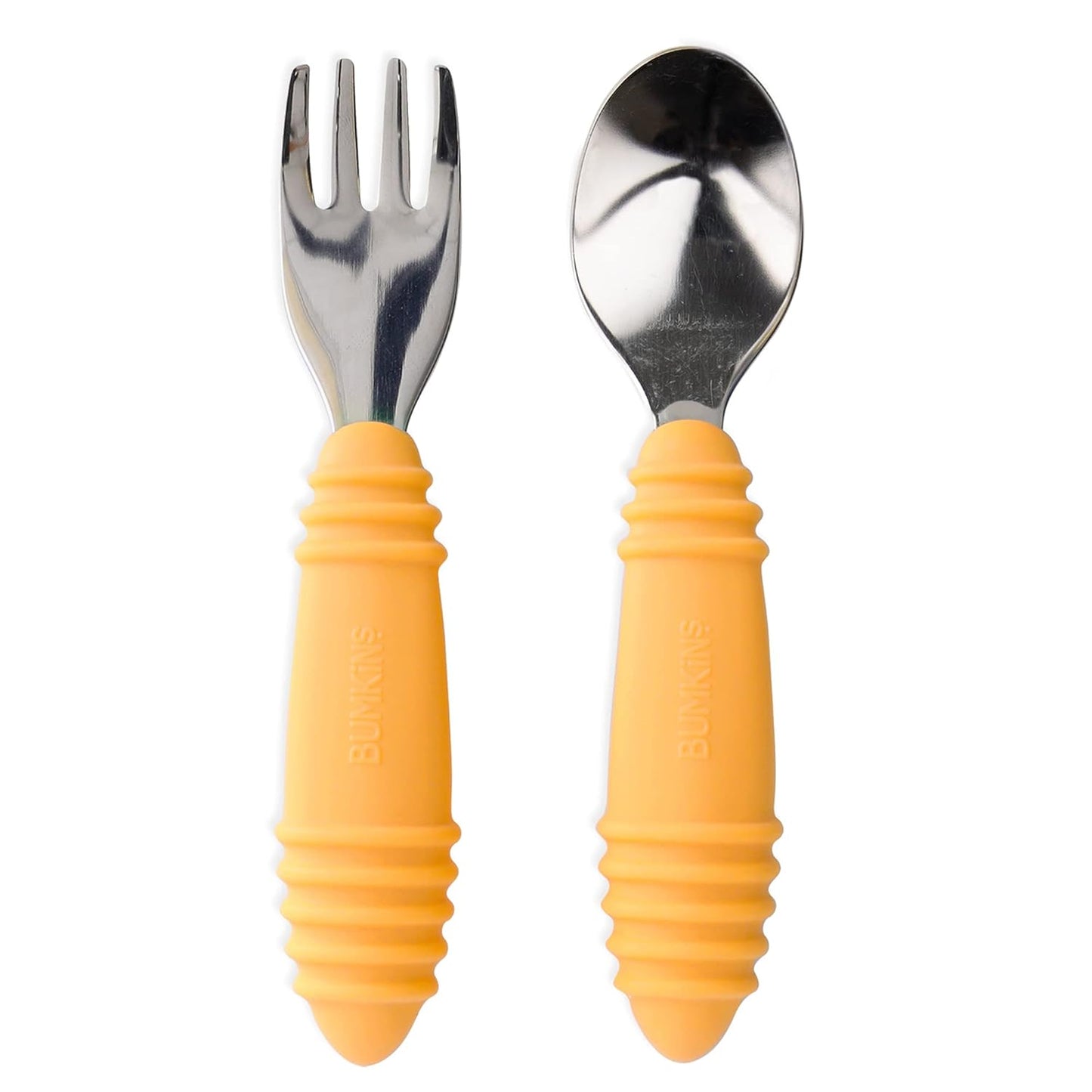 Bumkins Toddler Utensils, Kids Size Fork and Spoon Set, Silicone and Stainless-Steel Training Silverware, Angled Forks / Sporks for Self-Feeding, Children Learning to Eat, 18 Mos Up, Tangerine Orange