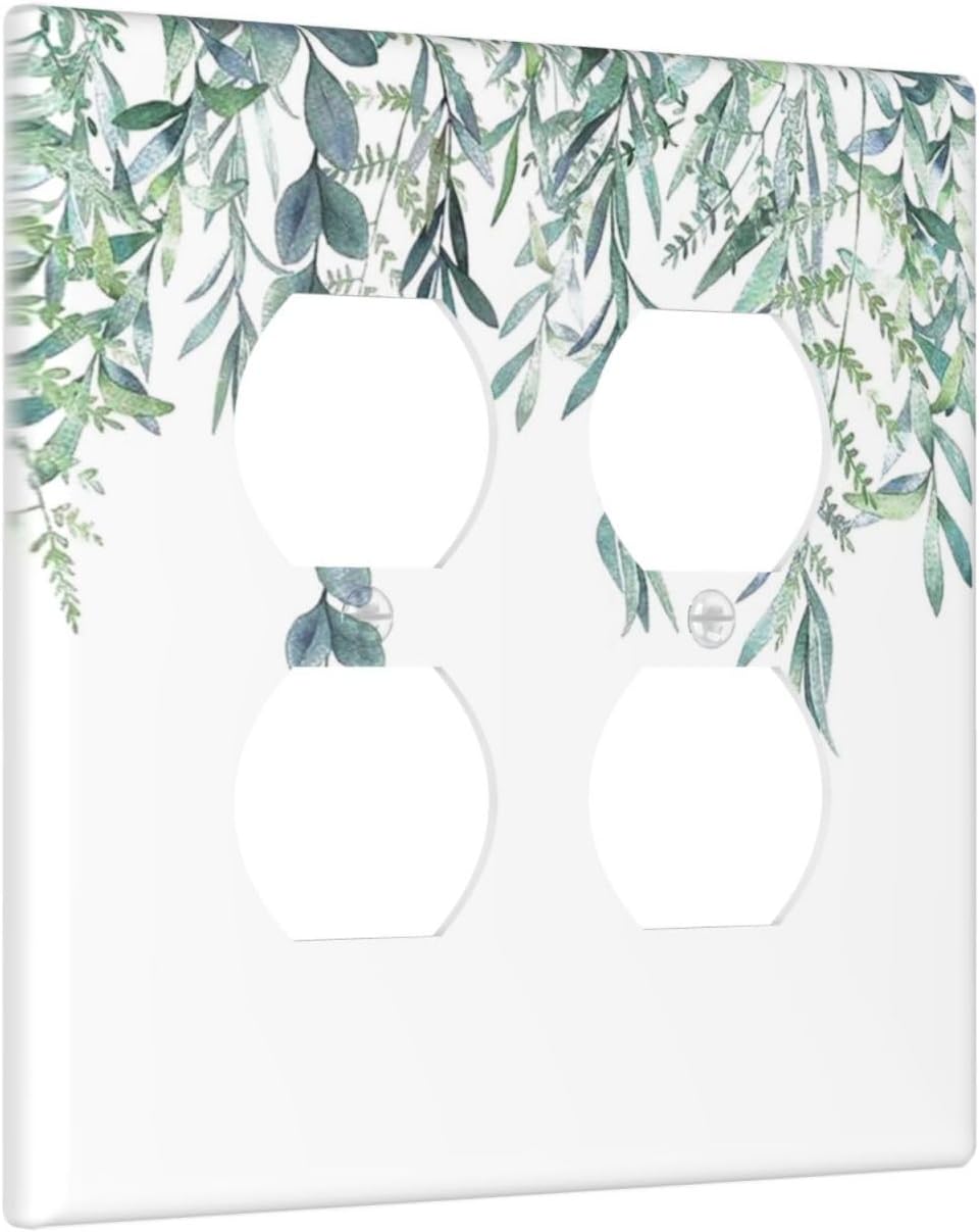 Eucalyptus Leaves Greenery Vine Flowers Simplicity Outlet Covers 2 Gang Double Duplex Decorative Light Switch Covers Electrical Wallplates Socket Faceplate for Bed Room Living Room Decor