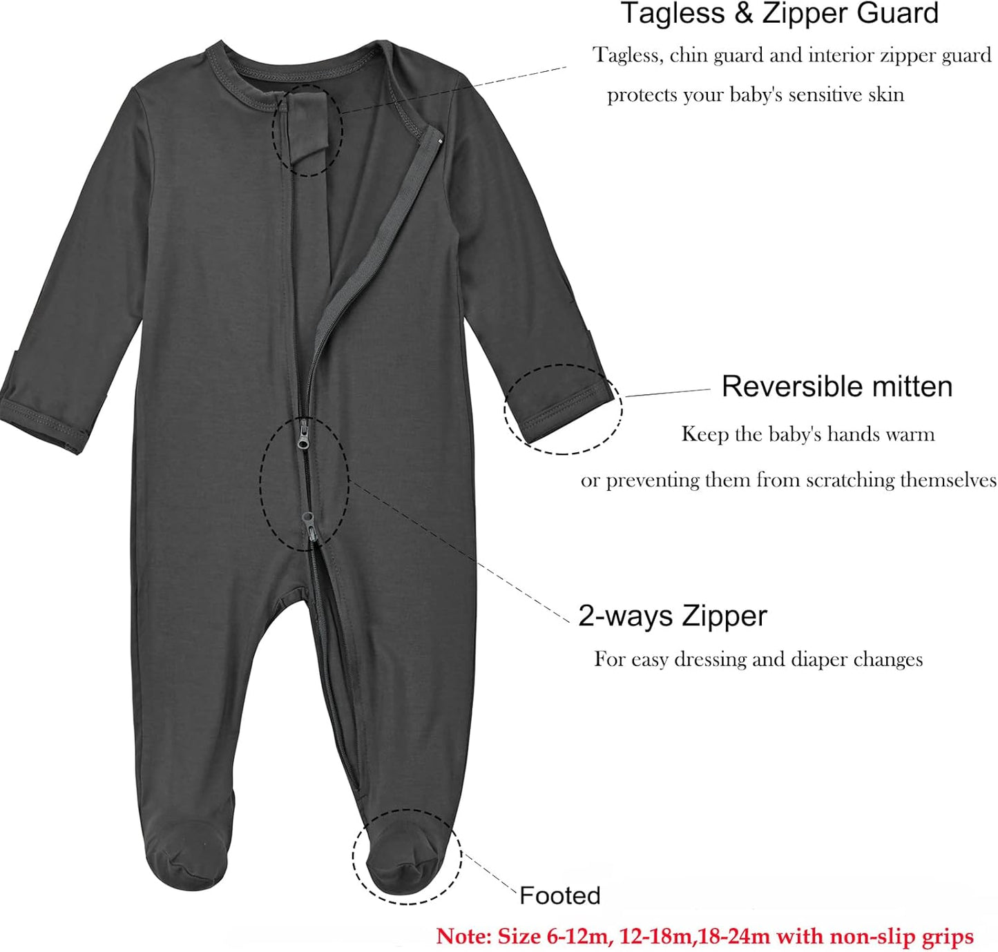 Aablexema Baby Zipper Pajamas Bamboo Rayon, 3pcs Unisex Infant Onesie with Mitten Long Sleeve Footed Pjs