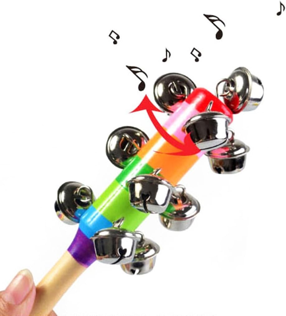 6Pcs Wooden Jingle Hand Bells,Rainbow Handle Wooden Bells Jingle Stick Shaker Rattle Baby Kids Children Musical Toys
