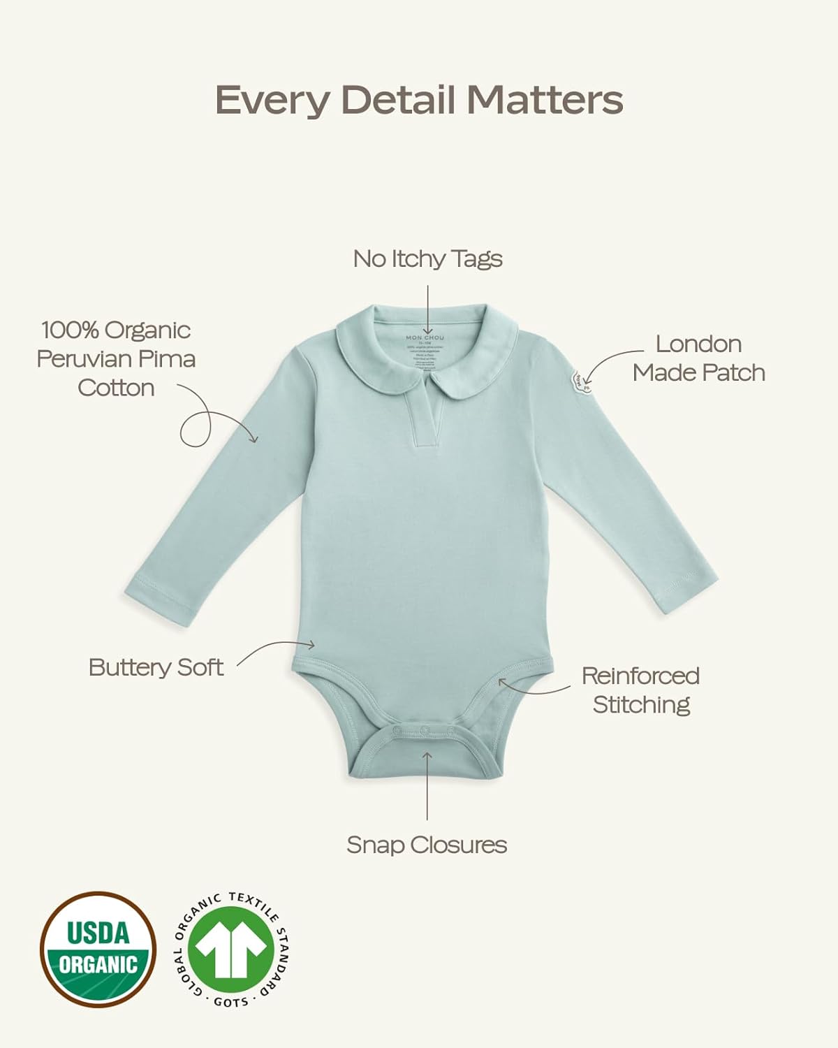 MON CHOU Premium Long Sleeve Bodysuit - Luxuriously Soft, 100% Pima Cotton Baby Bodysuit with Collar - Organic Cotton Baby Clothes (Bloom, 6-9 Months)