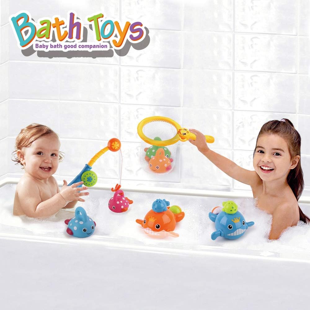 Dwi Dowellin Bath Toys Fishing Games Swimming Whales Bath Time Bathtub Toy for Toddlers Baby Kids Infant Fish Set Age 18months and up