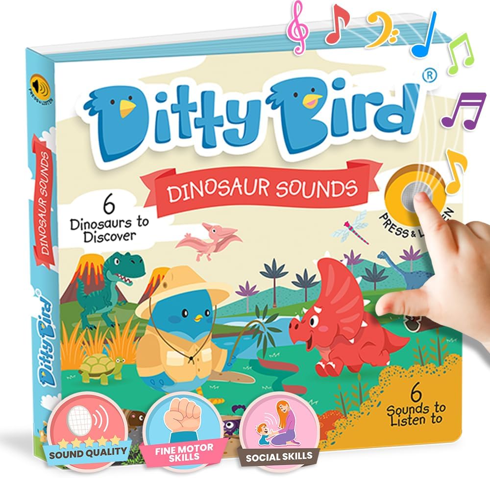 Ditty Bird Dinosaur Book for Toddlers | Realistic Dino Sound Book | Interactive T-Rex Board Books for Toddlers 1-3 | Sensory, Musical Books for Dino Lovers | Sturdy Nursery Rhyme Toys for Baby