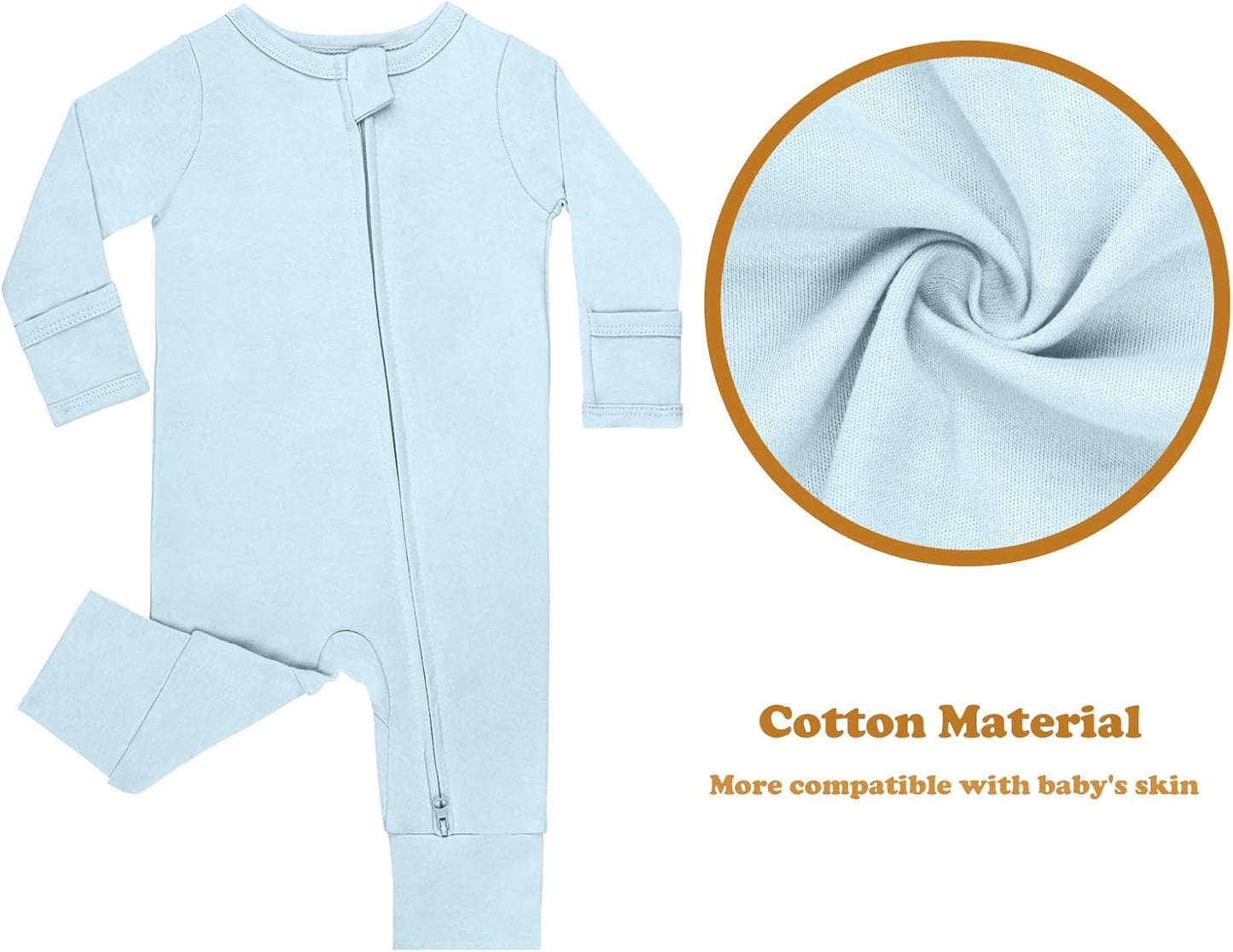 GUISBY Long Sleeve Cotton Pajamas Footless Baby Bodysuits with Zipper and Mittens 3-Pack for Boys Girls