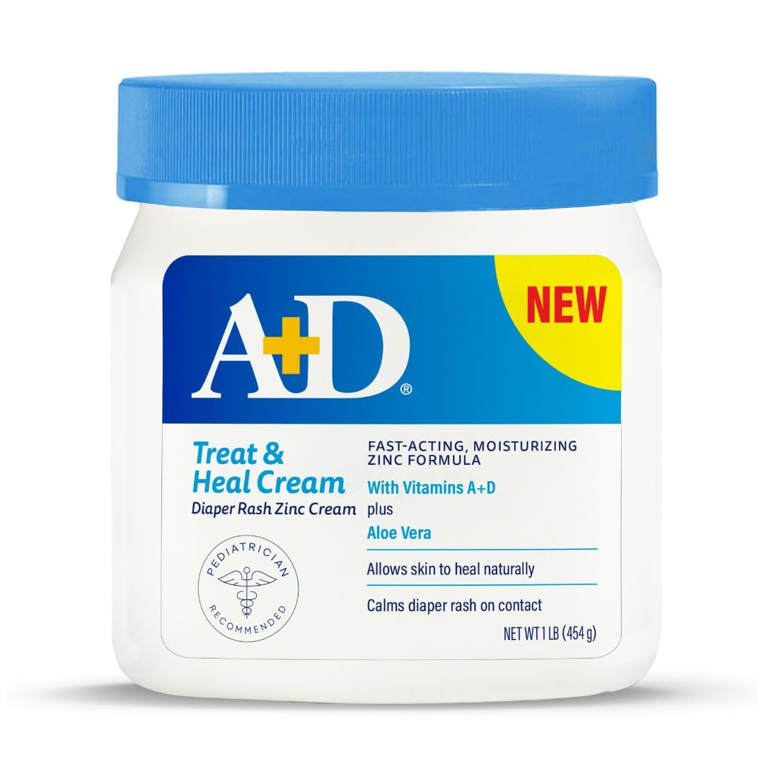 A+D Treat + Heal Zinc Oxide Diaper Rash Cream 16 oz Jar - Soothes & Treats Diaper Rash - Zinc Oxide 10% Dimethicone 1% - Easy Spreading Cream for Baby - Fast Acting
