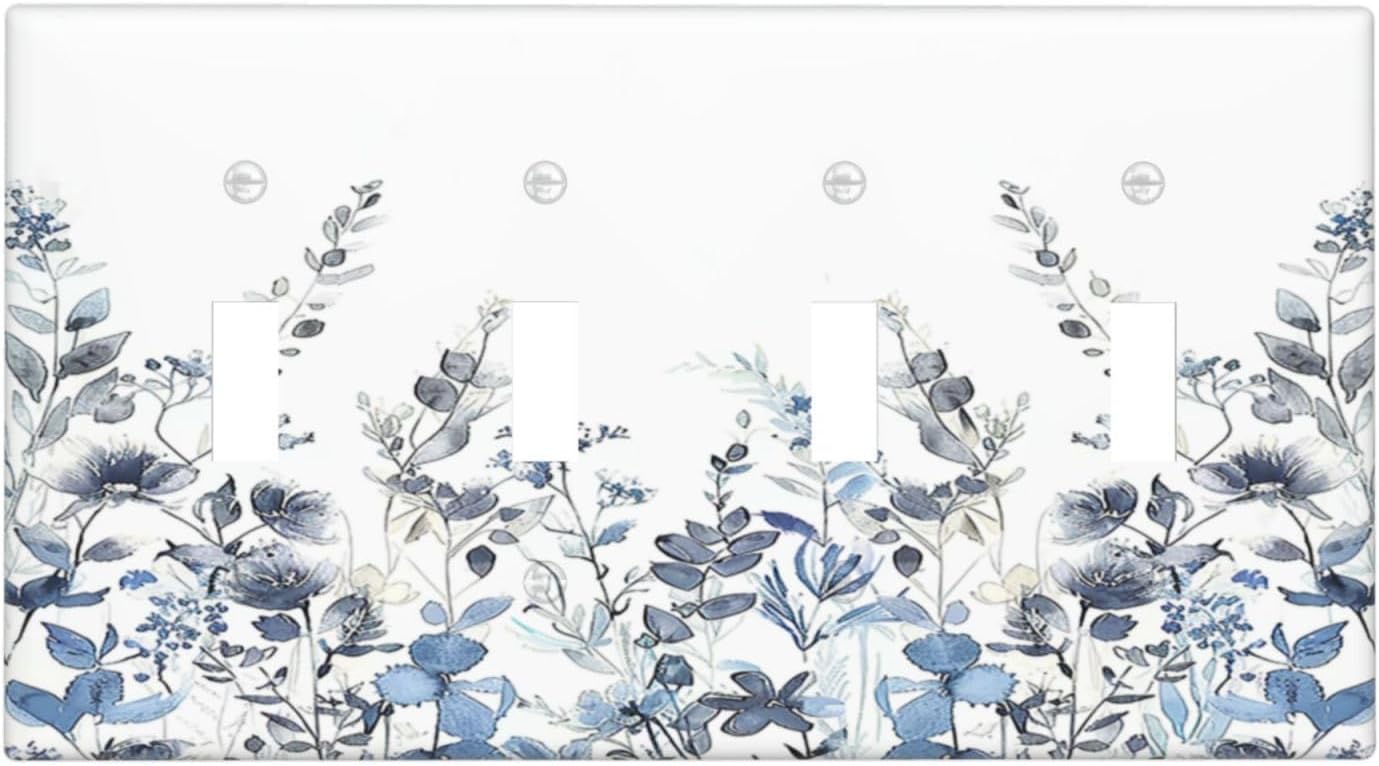 Light Switch Covers Light Blue Watercolor Leaves Plant With Floral Quad Toggle Electrical Faceplate 4 Gang Wall Plate Decorative Switch Plates for Bedroom Bathroom Decor