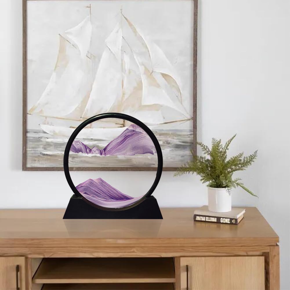 Aoderun Moving Sand Art Picture Round Glass 3D Deep Sea Sandscape in Motion Display Flowing Sand Frame Relaxing Desktop Home Office Work Decor (12", Purple)