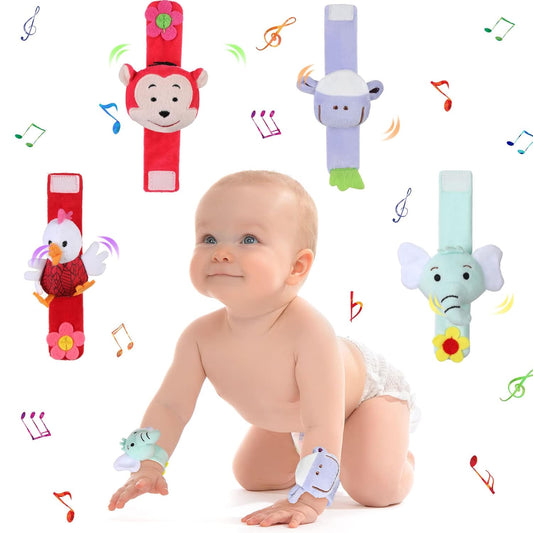 4 Pieces Baby Wrist Rattles Animal Pattern Newborn Foot Rattles Toy for 0-12 Months Babies Boy Girl Infant Birthday Gifts Educational Toys, 4 Designs (Sheep, Dog, Chick, Monkey)