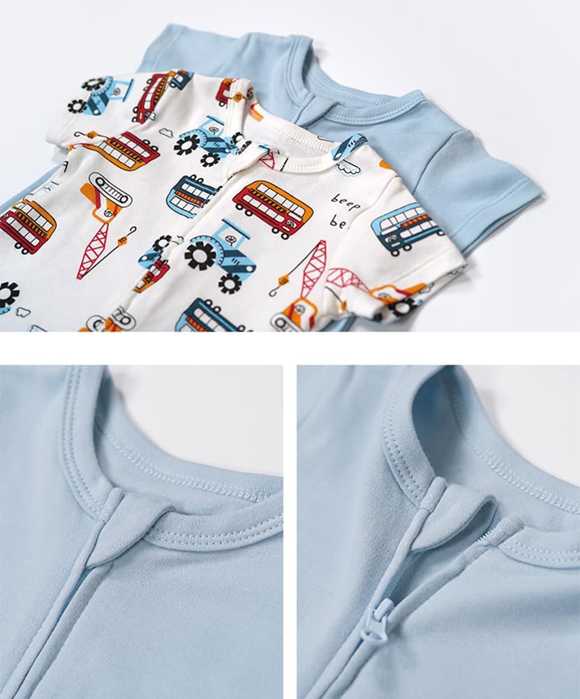 Teach Leanbh Unisex Baby 2 Pack Pajamas Cotton Short Sleeve 2 Way Zipper Printing Soild Romper Jumpsuit Sleep and Play