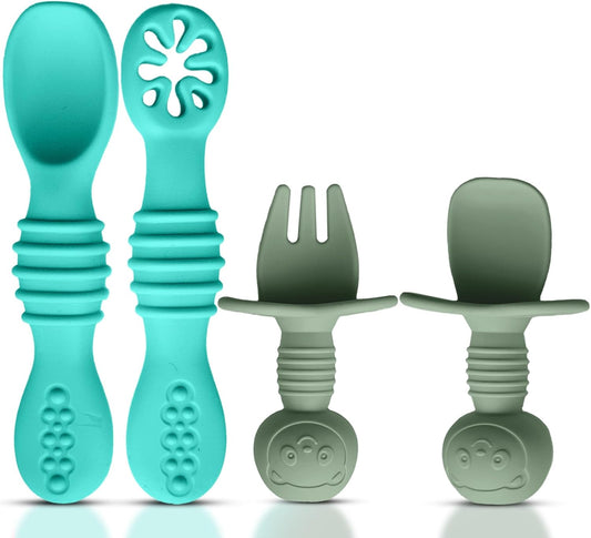 4pc Silicone Baby Spoons Self Feeding Baby Utensils 6-12 Months - 3 Baby Spoon - 1 Baby Fork - Toddler Cutlery Set - BPA Free, Dishwasher Safe - Baby Eating Essentials (Turquoise/Pickle)
