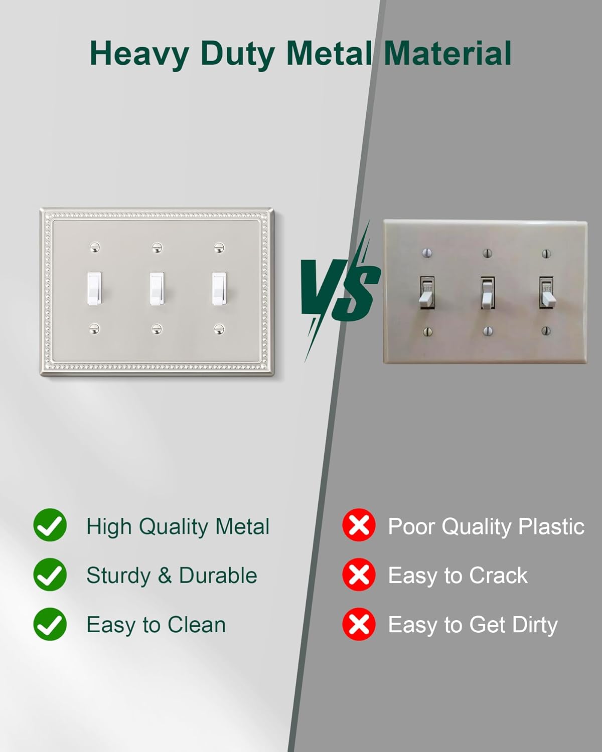 2-Pack Triple Toggle Light Switch Cover Plate, Pearls Decorative Switch Plate Covers, Brushed Nickel 3 Gang Metal Wall Plate