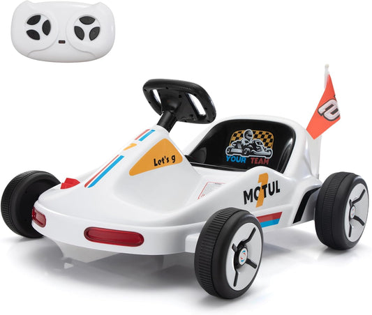 TOBBI 12V Electric Go Kart for Kids Battery Powered Ride on Car Outdoor Race Toy with Remote Control, Safety Belt, Music, LED Lights and Flags for Toddlers 3-8 Years, White