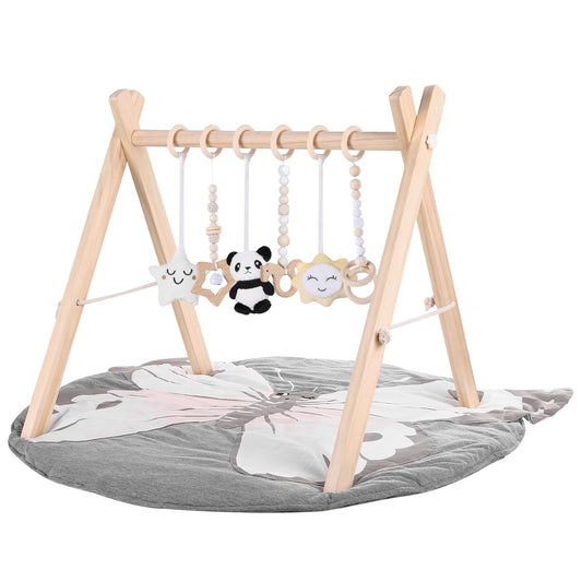 Wooden Baby Play Gym with Mat, Foldable Baby Activity Gyms with 6 Sensory Hanging Panda Toys, Tummy Time Baby Infant Toys (Butterfly)