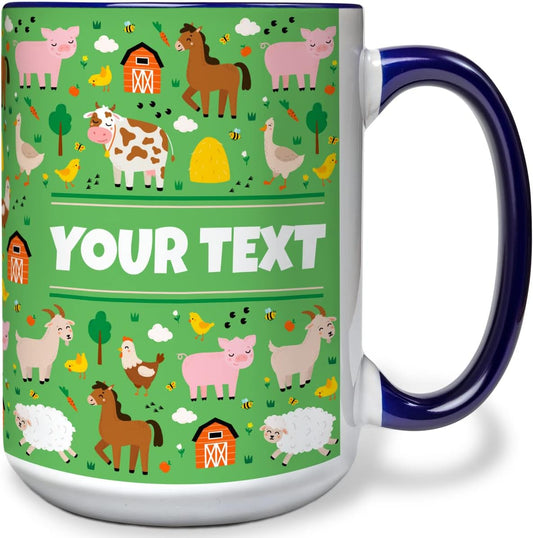 Personalized Mug for Kids - Farm Animals - Custom Name/Text, Ceramic Hot Chocolate/Cocoa/Coffee Cup for Boys/Girls, Birthday/Christmas/Holiday Gift - 15 oz, Navy Blue Handle