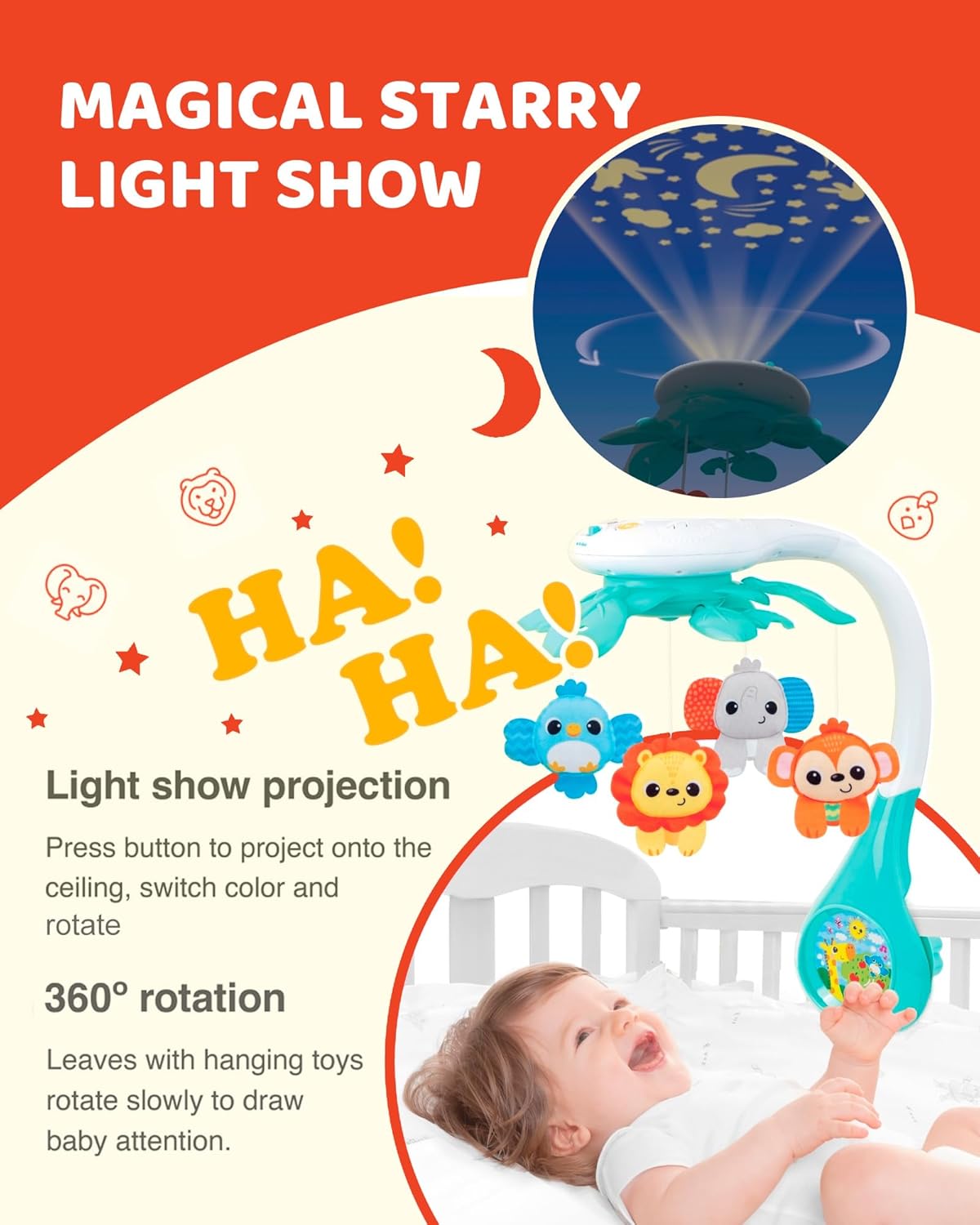 KiddoLab Baby Crib Mobile with Relaxing Music. Includes Ceiling Light Projector with Stars, Animals. Musical Crib Mobile with Timer. Nursery Toys for Babies Ages 0 and Older (New 2025 Model)