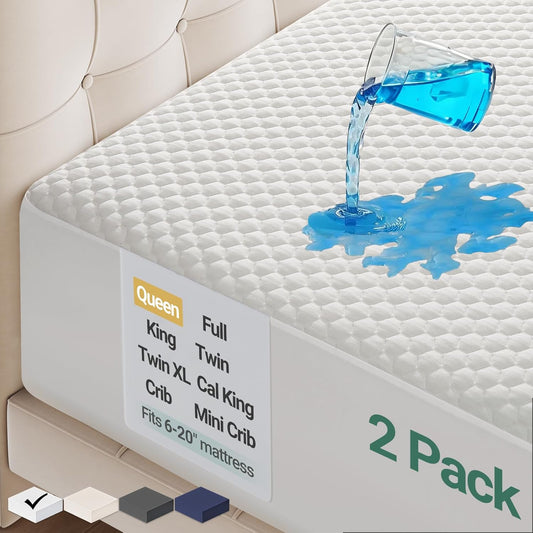 Ohgeni 100% Waterproof Mattress Protector, Queen Size-2 Pack, Fitted Sheet with Stretchable Pockets, Deep Sleep Noiseless Soft. Breathable Cooling Hypoallergenic Material, Mattresses Cover for Bed