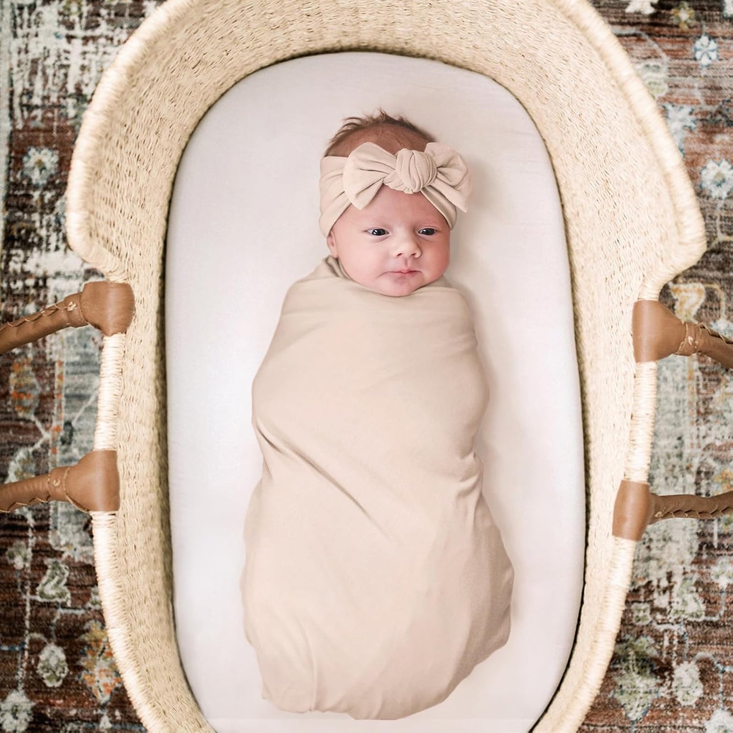 GRSSDER Newborn Blanket, Ultra Soft Jersey Receiving Blanket with Matching Headband and Beanie Set, Stretchy Baby Swaddle 47×47", Extra Large Neutral Swaddle Wrap for Girls and Boys